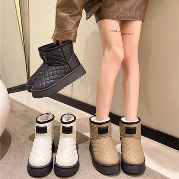 2024Women de Lux cu Un Pas Solid de Culoare Zăpadă Cizme de Iarna Noi Blană Integrat de Bumbac Cizme de Pluș Cald Talpă Groasă Pantofi