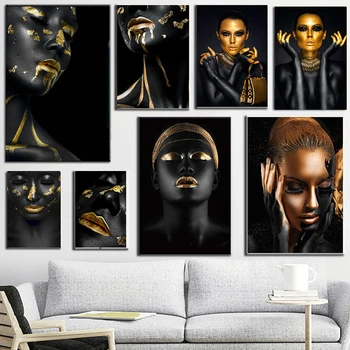 Frumos Negru și Aur Femeie Panza Pictura de Moda din Africa de Artă Poster Cuadros de Imprimare Arta de Perete Pentru Camera de zi de Decorare Acasă
