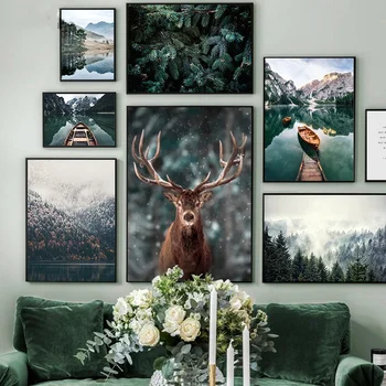 Ninge Peisaj De Pădure Cerb Nordic Poster, Animale Poster, Lac, Barcă, De Crăciun, Frunze, Zăpadă Munte Printuri, Natura Poza De