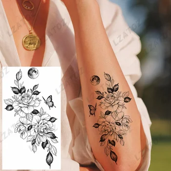 Negru Bujor Fluture Tatuaje Temporare Pentru Femeie Adult Realist Fals Planeta Floare Trandafir Autocolant Tatuaj Mana Rezistent La Apa Tatuaje