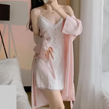 Roz Femei Leepwear Halat De Baie Rochia Set Sexy Lace Kimono-Halat De Somn Costum Body Sleepwear Cămașă De Noapte Lady Raionul De Haine De Acasă