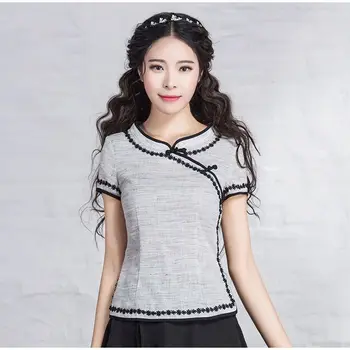 2024 vară stil chinezesc femei tang costum, cămașă lenjerie de pat din bumbac stand guler liber casual stil chinezesc elegant base t-shirt