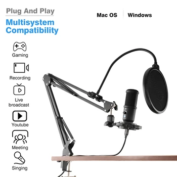 USB Podcast Studio de Înregistrare Mic Microfon cu Condensator kit cu Brat Reglabil/Inel de Lumina pentru PC Karaoke YouTube Streaming de Gaming