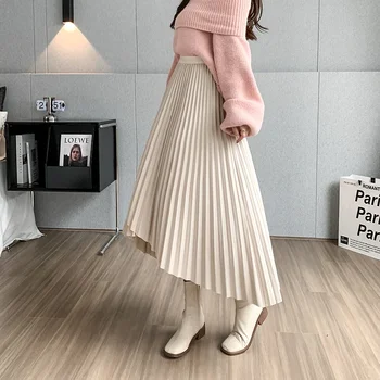 Vintage Neregulate, Pliuri Asimetrice Falduri Solide Femei Fusta De Moda Coreeană Elastic Talie Mare De La Jumătatea Vițel Fuste Lungi Pentru Femei M149