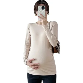 2023 Toamna Maternitate Modal T-shirt Întins Femeie Gravidă Bază Tricouri Culoare Solidă O-neck Slim Sarcinii Topuri de Tricotat Tees