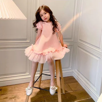 2023 nouă de Primăvară și de Vară pentru copii Fete haine Roz a ochiurilor de Plasă maneci scurte rochie de Printesa rochie de Adolescenti haine pentru Copii
