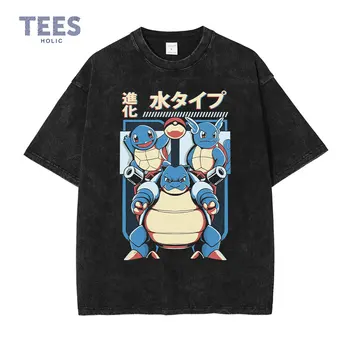 Squirtle T-shirt-uri Vechi de Școală de Epocă Spălat Anime Pokemon Tricou Streetwear Casual Stil Manga Bulbasaur Topuri Tricouri Barbati din Bumbac