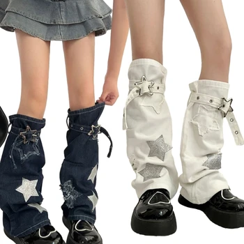 L93F Femeile Star Jeans Încălzit de Picior Blugi Picior Lung Acoperi Gotice Punk Pierde Mare de Genunchi Șosete Ciorapi Y2K Streetwear Cadouri
