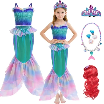 2023 Little Mermaid Rochie de Halloween Joc de Rol Costum de 3-10 Ani Fata de Dantelă cu Maneci Lungi Rochie de Printesa pentru Copii Costume de baie