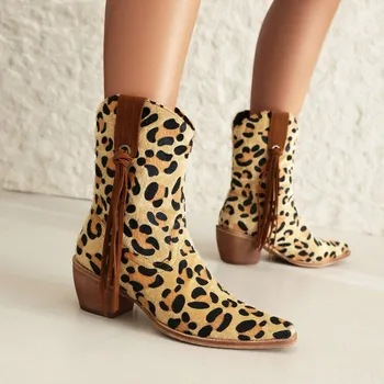 Femei Cizme de Toamna Pointe Pantofi Cizme-Femei cu Fermoar Încălțăminte de Iarnă Rotund Deget de la picior Ascuțit Leopard Med 2023 Glezna Doamnelor de Vest Copita