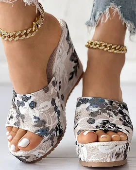 Femei Pantofi Pantofi De Moda Casual Flip Flops Vara Vintage Print Floral Peep Toe Wedge Papuci