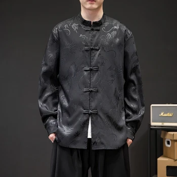 Bărbați Stil Chinezesc Tricou cu Maneci Lungi, de Înaltă Calitate Bărbați Tradiționale Tang Rochie Hanfu Shirt Dark Dragon Jacquard Butonul Tricouri