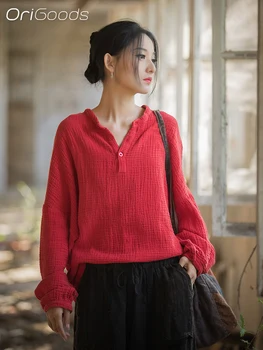 OriGoods stil Chinezesc Bluza din Bumbac pentru Femei Primavara-Vara Rosu Negru cu maneci Lungi Tricou Vrac Topuri Casual fată Mori Blusas B182