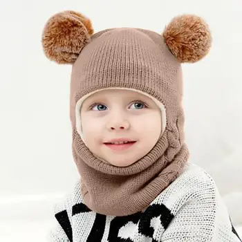 Copii Caciula Iarna pentru Copii Tricot Pălărie cu Minge de Plus Decor Căptușeală Lână Cald Windproof Gât de Protecție pentru Fete Baieti Confortabil