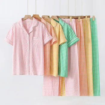 Nouă Femei Pijamas Set de Vara cu Maneci Scurte Cardigan Carouri Pantaloni de Pijama din Bumbac Pur Două Piese de Origine Japoneză Sleepwear