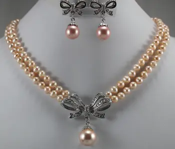nobil 2 randuri de 7-8mm de culoare roz coajă colier de perle cu conceput pandantiv și cercei set pentru doamna