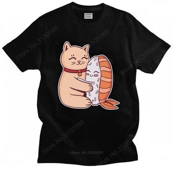 Kawaii Și Pisica Sushi Tricou Barbati din Bumbac Minunat T-shirt Mâneci Scurte, Animale, Desene animate, Arta Tricou Montate Haine de Vară