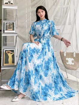 2023 Noi De Vara Femei Maneci Scurte Curea Subțire Lung Rochie Retro De Înaltă Calitate Tie Dye Print Mare Tiv Cutat Șifon Dress