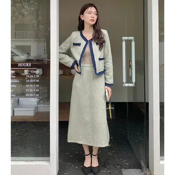 Coreea de Femei Elegante Set de Potrivire franceză Retro Cardigan Strat + Fusta Midi Moda OL Mozaic 2 BUC Set Birou Doamnă Tinutele Chic