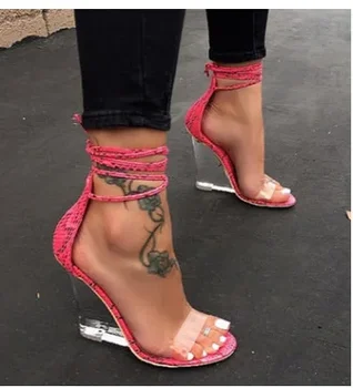 Moda pentru Femei Pantofi Peep Toe din PVC Transparent Pene Toc Sandale cu Toc Summes Cruce Curea Dantelă-Up Pompe 2021 rtg5