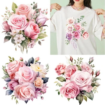 Acuarelă Trandafiri Roz de Transfer de Căldură Autocolant de Imprimare T-shirt Model DIY Fier pe Patch-uri pentru Haine Aplicatii