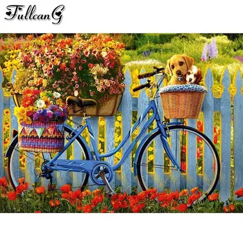 mozaic biciclete coș de flori de Diamant Pictura cruciulițe new sosire Complet Stras imagine Broderie animale, câine AA3373