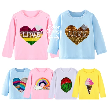 Haine pentru copii T-Shirt pentru Copii de Culoare Schimbare Sequin Topuri cu Maneci Lungi Baby Toamna Haine de Bumbac Tricou 2-12 Ani
