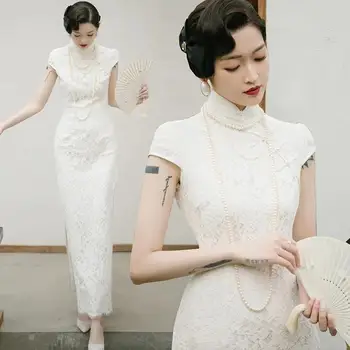 Chineză Stil Mireasa Dantelă Albă De Înaltă Split Cheongsam Petrecere De Nunta Qipao Retro Rochie Subțire De Căsătorie Rochie Vintage Toast Haine