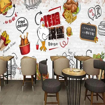 Personalizate retro fried chicken burger 3D hârtie de perete restaurant fast-food decor mural auto-adeziv tapet papel de parede 3D