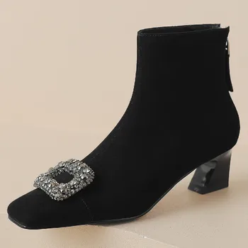 Femei pe piele de căprioară naturale din piele de toamna cizme glezna 2023 toamna noua catarama cristal gros med toc sqauer deget de la picior elegant doamnelor pantofi