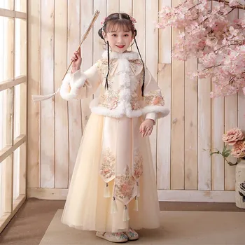 Pentru copii de Iarna Cald Hanfu Fata Vechi Costum Gros Fetiță Chineză Tang Costum Roșu Roz Etapa Rochie 2024 Anul Nou Haine