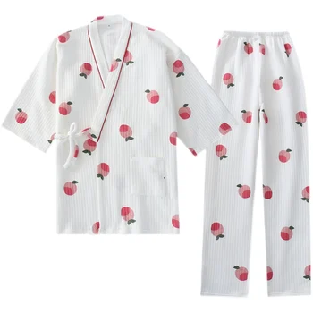 Japoneze din Bumbac Strat de Aer de Bumbac Kimono Pijamale femei Toamna Și Iarna Cald Gros Pantaloni dantela-up Vrac Uzura Acasă