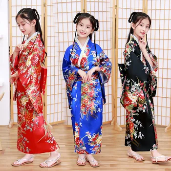 Clasic Tradițional Fete Rochie Kimono Yukata cu Obitage Halat de baie Japonez de Imprimare de Flori Satin Cosplay Performanță Îmbrăcăminte