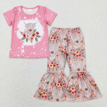 En-Gros De Copii Sugari Vest Seturi De Fete Pentru Copii Toddler Pink Mâneci Scurte Vaca Tricouri Copii Florale Bell Pantaloni Sugari Tinuta