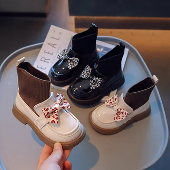 2023 Toamna Iarna Noi pentru Copii Cizme Leopard Papion Fete de Moda Cizme Negre Simple, Casual, Copii Pantofi de Piele
