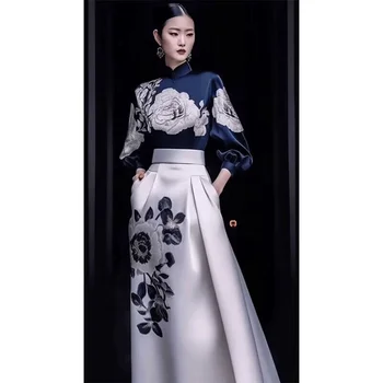 Noul Stil Chinezesc Îmbunătățit Cheongsam Elegant Qipao Slim High End Tipărite de Sus Fusta În Toamna anului Tipărite Două piese Chirpaur