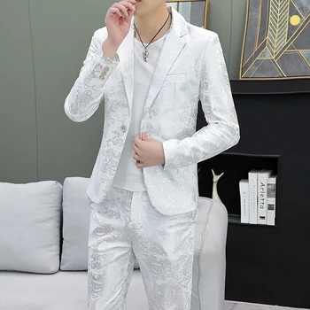 Ew Boutique (Sacou+ Pantaloni) de Moda pentru Bărbați Domn de Afaceri Casual Slim Print Elegant Trend coreeană Versiunea Slim 2-bucata Set