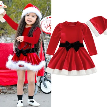 Iarna Noi de Craciun pentru Copii Haine Europene și Americane Fete Crăciun Red Silver Fox Catifea Rochie cu Maneci Lungi Pălărie