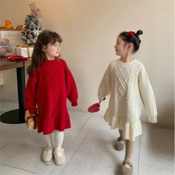 2024 nouă Primăvară iarna pentru copii copii copii, fete roz casual de bumbac Tricotate Trompeta rochii Sirena pentru Copii haine groase