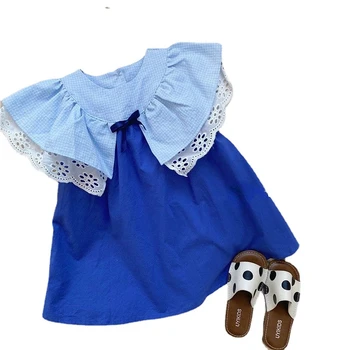 Coreeană pentru Copii Îmbrăcăminte Copil de Vara Fata Albastru Rochii Fete Rochie de Printesa Guler de Dantelă de Bumbac Carouri Mâneci Haine de Copil