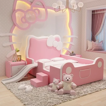 Pat pentru copii princess girl pat 1.5 lemn masiv, pat single pink Kitty cat glisați pat de desene animate din piele, pat cu parapet