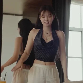 Noua Sexy Ștreangul De Gât Topuri Pentru Femei Jazz Dance Femei Haine Cu Dungi Vestă Scurtă Kpop Costum Coreeană Idol Cântăreață Femeile Poarta