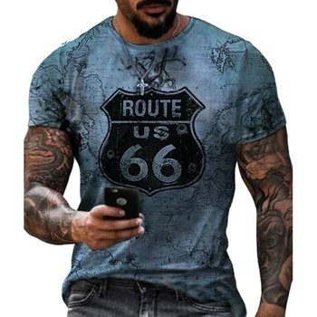 Vara Noi Mens T Shirt Supradimensionate Vrac Haine Vintage Maneca Scurta Moda 66 Litere Tipărite O Cu Guler Tricouri Route 66 Bărbați