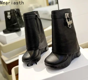 Meariasth Nou Brand De Modă 2023 Moda La Jumătatea Vițel Cizme Cu Toc Gros De Metal Cataramă Scurt Femei Cizme De Piele De Sex Feminin Rechin Cizme