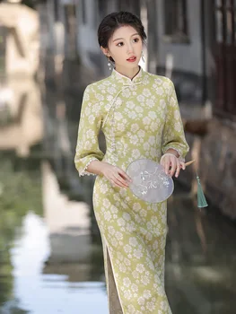 Elegant, Flare Sleeve Qipao Embrodiery Sifon Fată Tânără Mandarin Guler Cheongsam Chineză Rochie De Zi Cu Zi