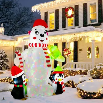 Gonflabil de Urs Polar Jucărie cu 2 Pinguini Stralucitoare Urs Polar Statuie de Rotație Lumini LED pentru Curte, Grădină cu Gazon, Petrecere de Vacanță