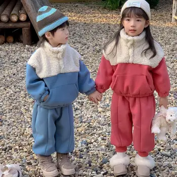 Toamna Iarna Copii Trening Boy Fata de Copii Plus Catifea Tricou Copii Fleece Gros Cald Topuri de bumbac+Solid Pantaloni 2 buc