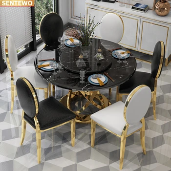 Designer de Lux rundă de mese de Marmură Rock Placa de masa set 8 scaune mesa de jantar comedor tavolo din oțel Inoxidabil auriu
