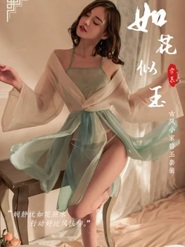 Chineză Tradițională Lenjerie Hanfu Femei Perspectivă Mantie Moale Șifon Sleepwear Sexy Inalta Split Cămașă De Noapte Burta Hanfu Rochie