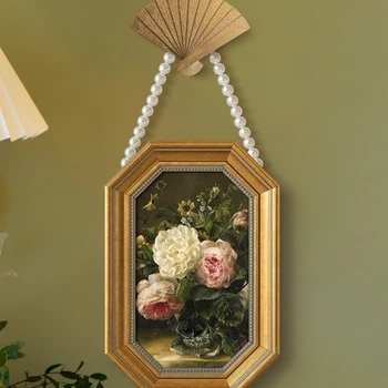Franceză nișă de epocă florale decorative pictura, American clasic sufragerie, dormitor murală, colier de perle, octogonal cadru